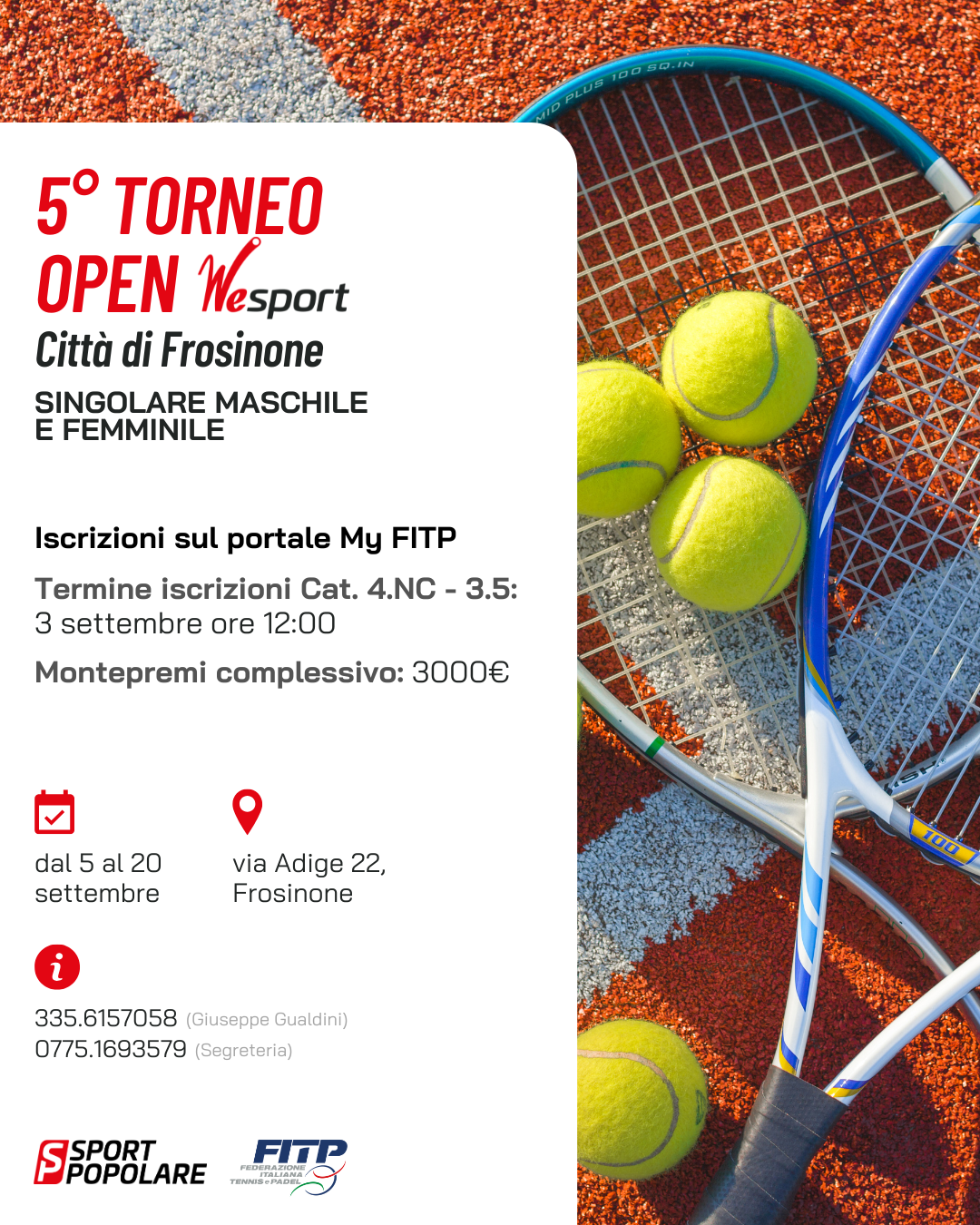 Torneo Open WeSport Città di Frosinone, quinta edizione al via il 5&nbsp;settembre